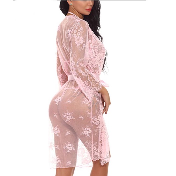 4 Pieces Sheer Lace Long Robe Lingerie-Pink - Picture 4 of 7